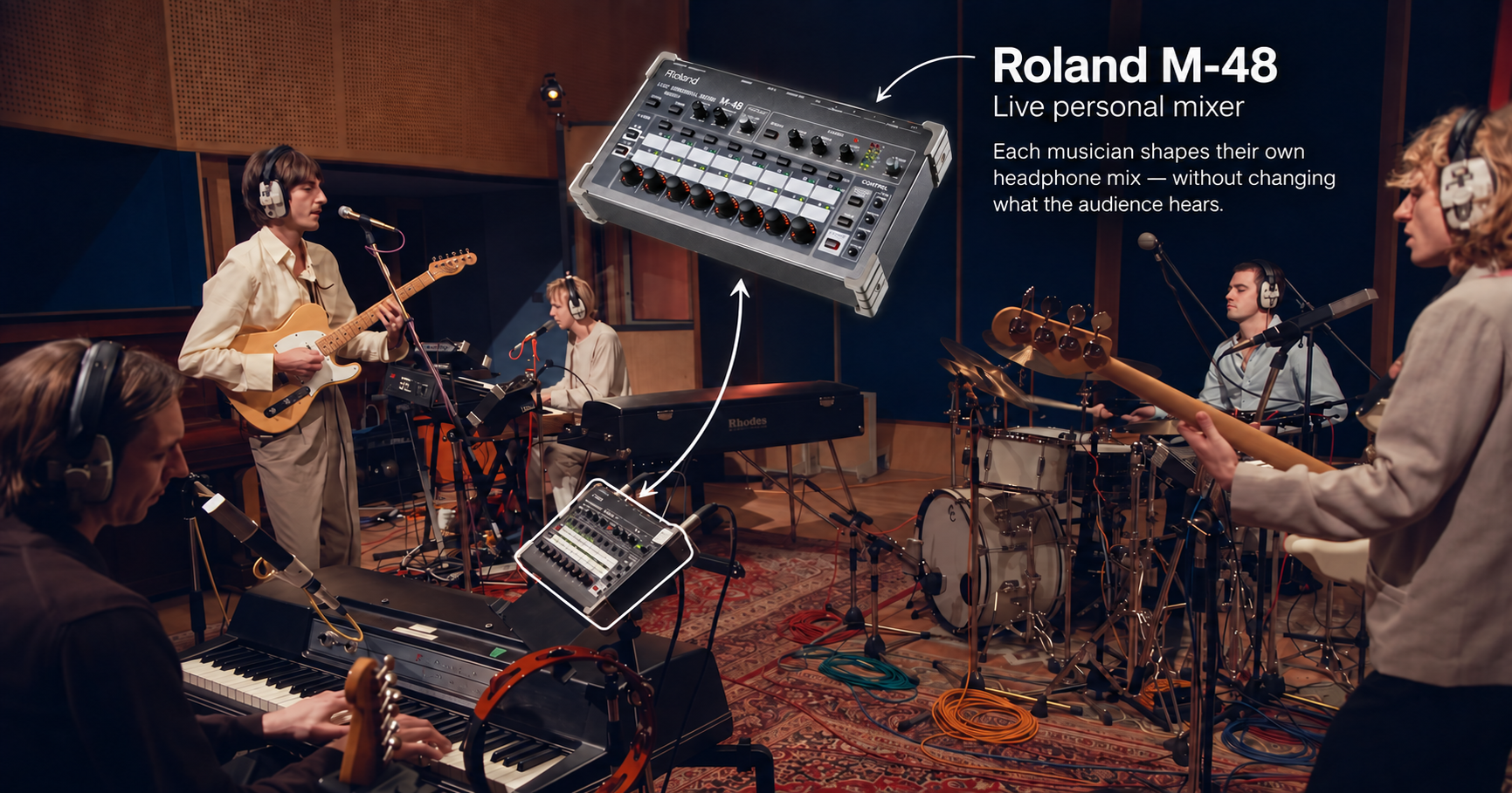 An annotated Parcels studio photograph connects the Roland M-48 mixer to its product image and story.